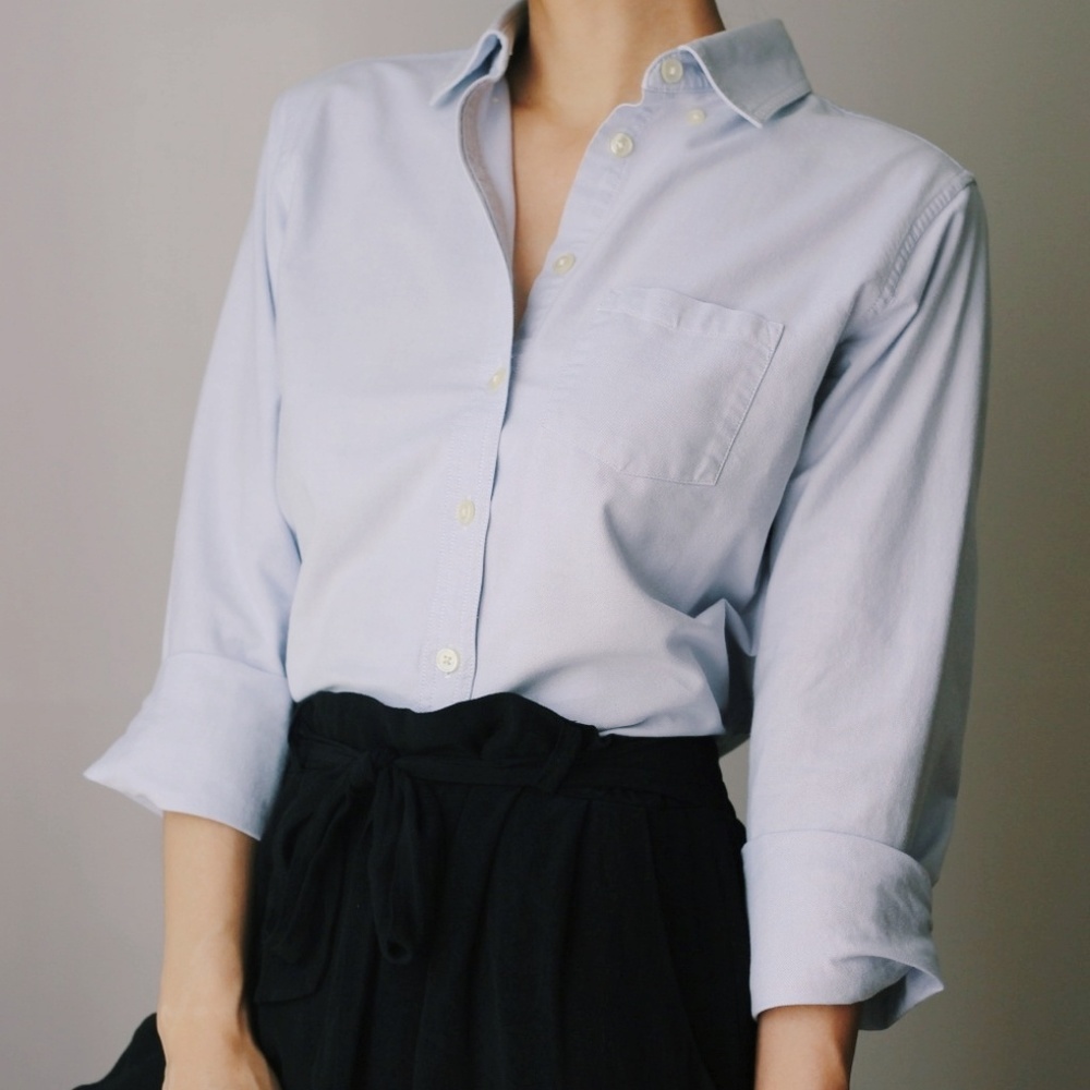 100% Cotton Button Up Blouse Blue LL Bean